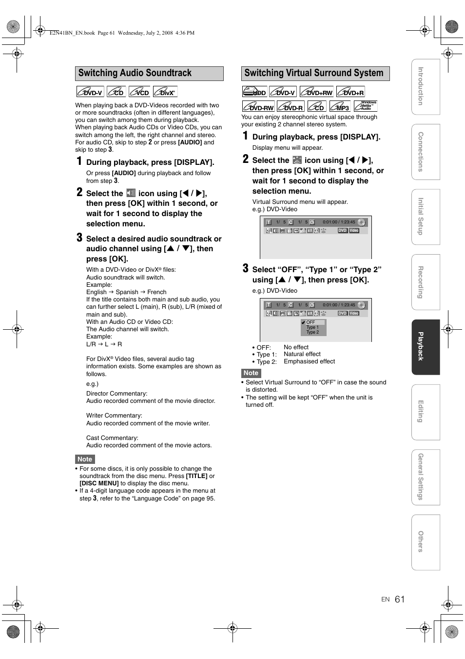 Switching audio soundtrack, Switching virtual surround system | Philips HDR3700 User Manual | Page 61 / 100