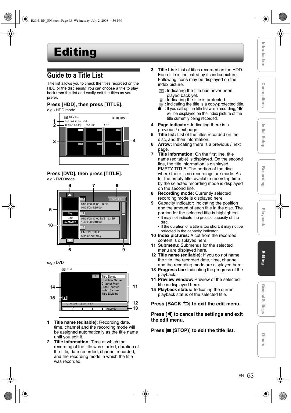 Editing, Guide to a title list | Philips HDR3700 User Manual | Page 63 / 100