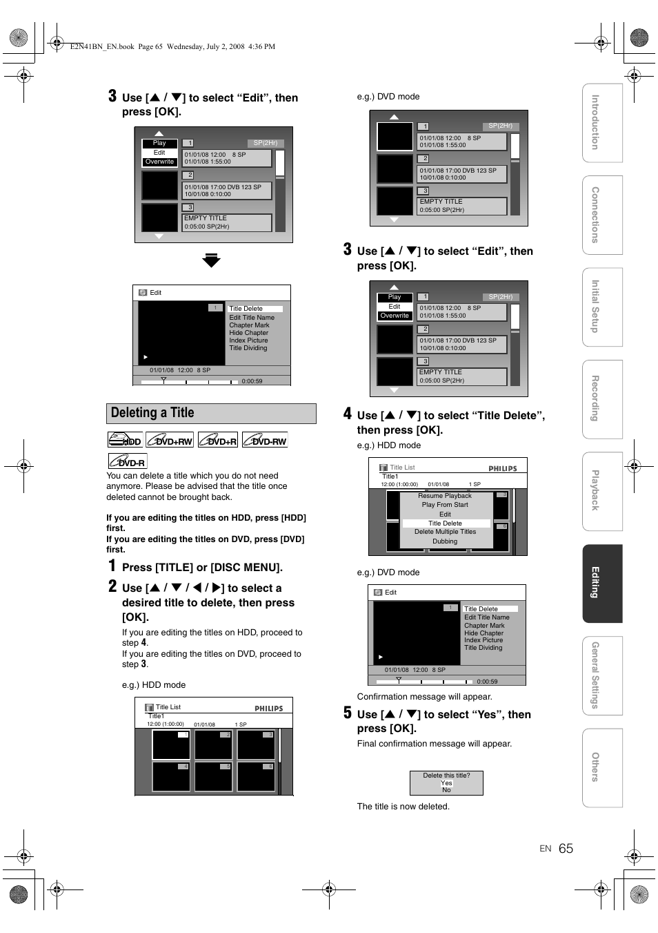 Deleting a title, Use [ u \ d ] to select “edit”, then press [ok, Press [title] or [disc menu | Use [ u \ d ] to select “yes”, then press [ok | Philips HDR3700 User Manual | Page 65 / 100