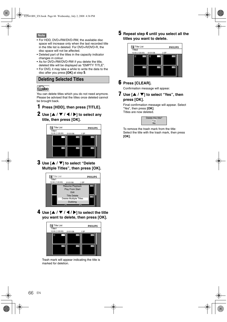 Deleting selected titles, Press [hdd], then press [title, Repeat step | Until you select all the titles you want to delete, Press [clear, Use [ u \ d ] to select “yes”, then press [ok | Philips HDR3700 User Manual | Page 66 / 100