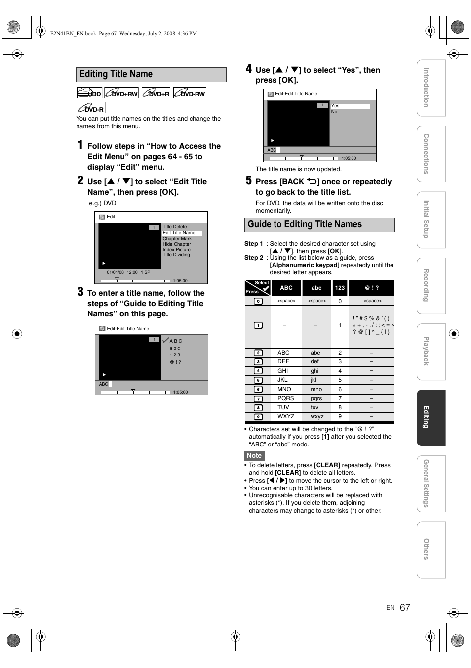 Editing title name, Guide to editing title names | Philips HDR3700 User Manual | Page 67 / 100