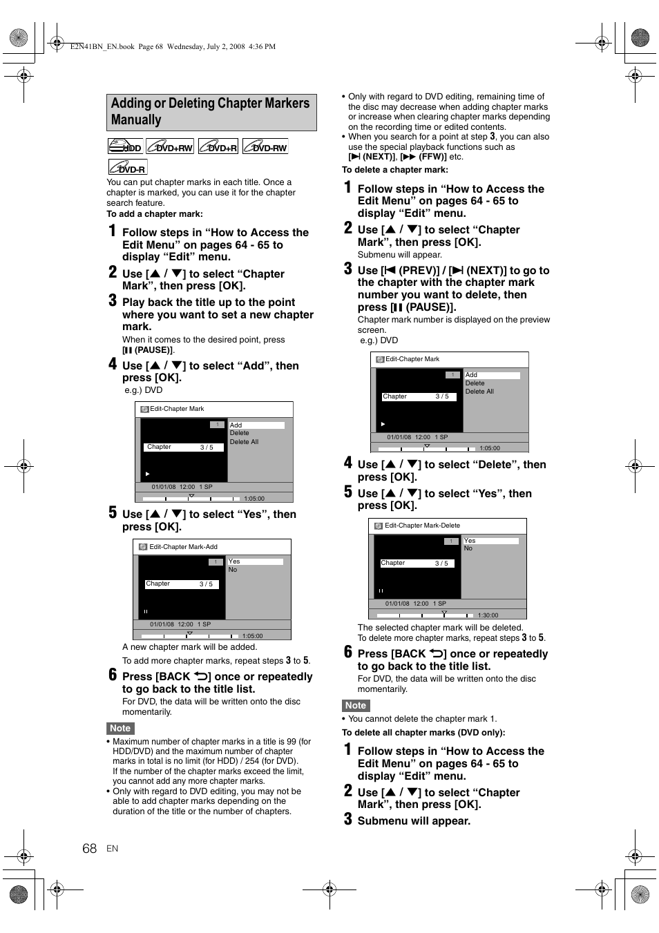 Adding or deleting chapter markers manually | Philips HDR3700 User Manual | Page 68 / 100