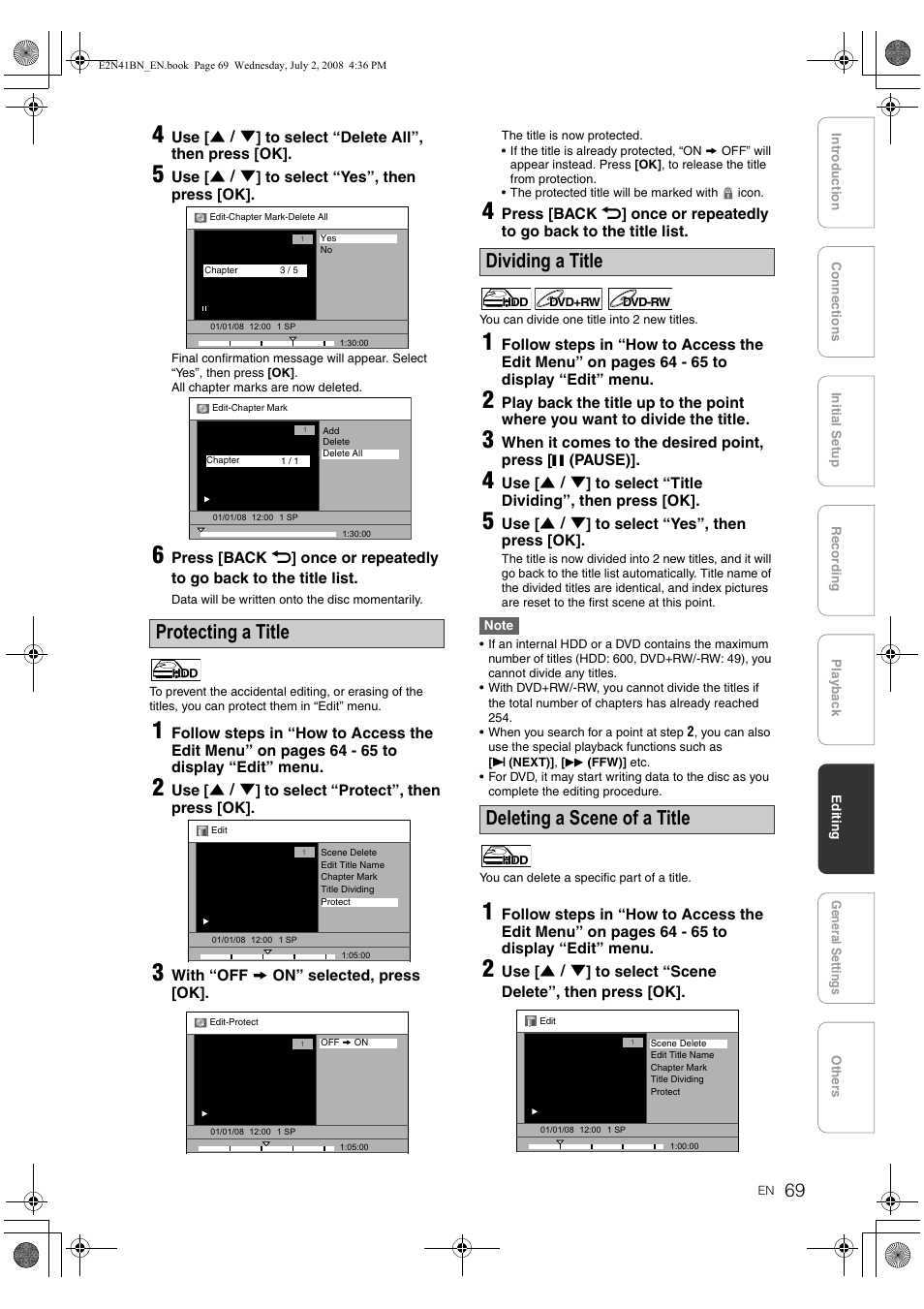 Protecting a title, Dividing a title deleting a scene of a title | Philips HDR3700 User Manual | Page 69 / 100