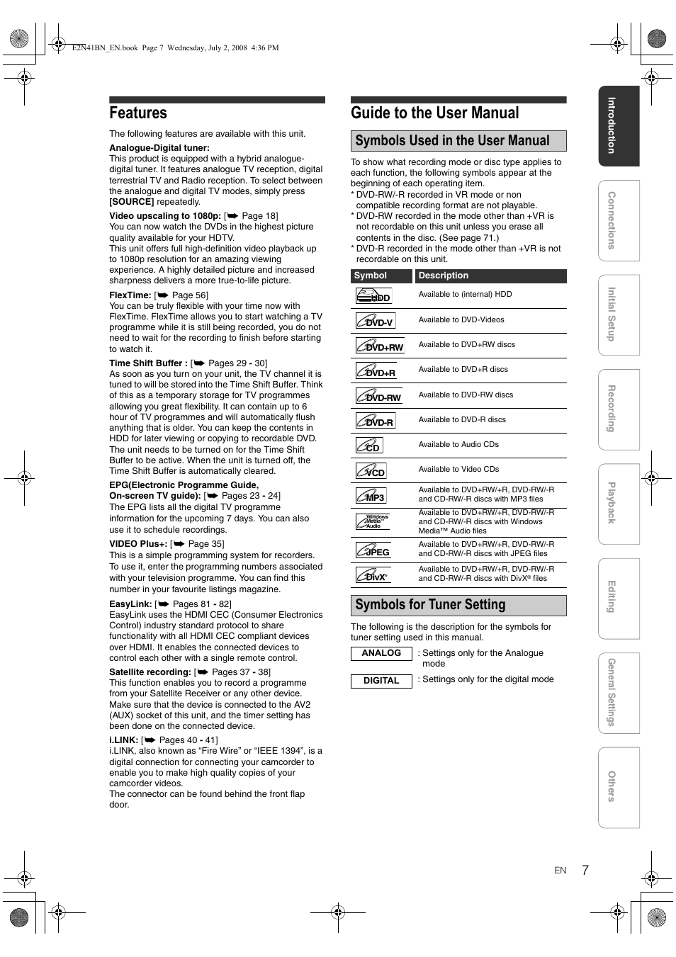 Features, Guide to the user manual, Symbols used in the user manual | Symbols for tuner setting | Philips HDR3700 User Manual | Page 7 / 100