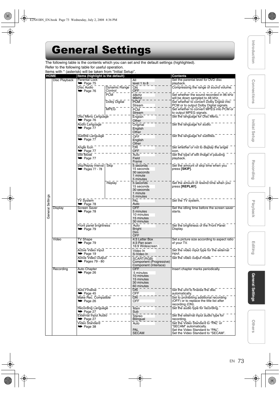 General settings | Philips HDR3700 User Manual | Page 73 / 100