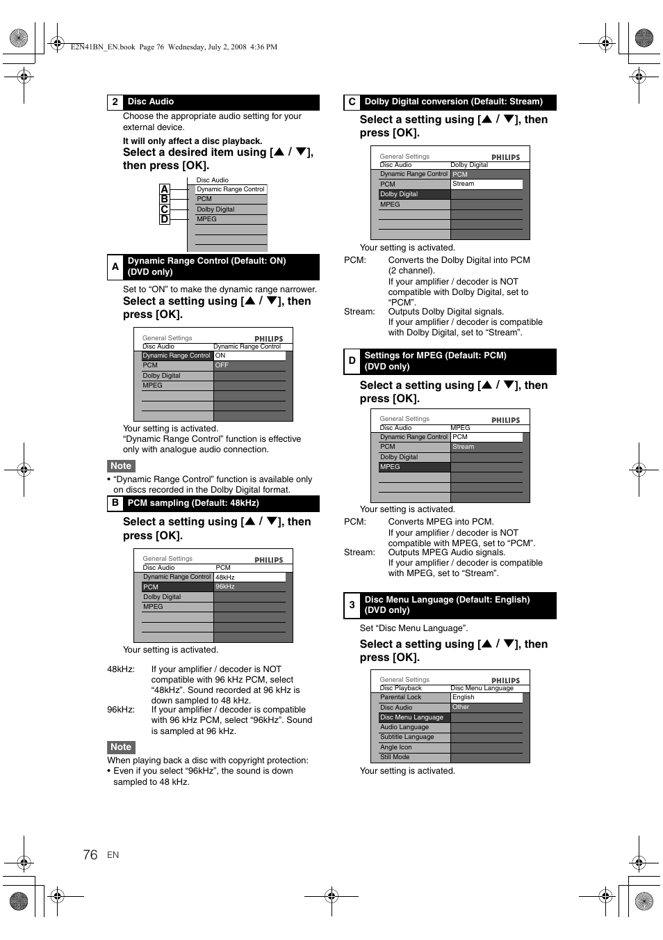 Select a setting using [ u \ d ], then press [ok, Ab c d | Philips HDR3700 User Manual | Page 76 / 100