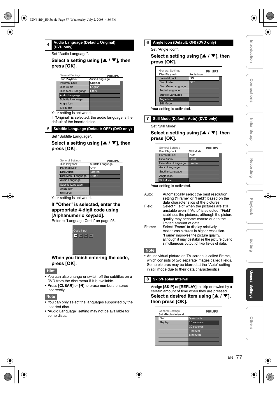 Select a setting using [ u \ d ], then press [ok, When you finish entering the code, press [ok | Philips HDR3700 User Manual | Page 77 / 100