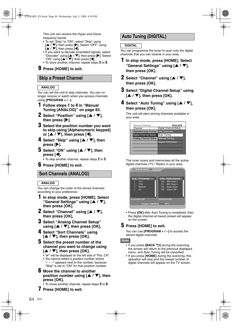 Skip a preset channel, Sort channels (analog), Auto tuning (digital) | Philips HDR3700 User Manual | Page 84 / 100