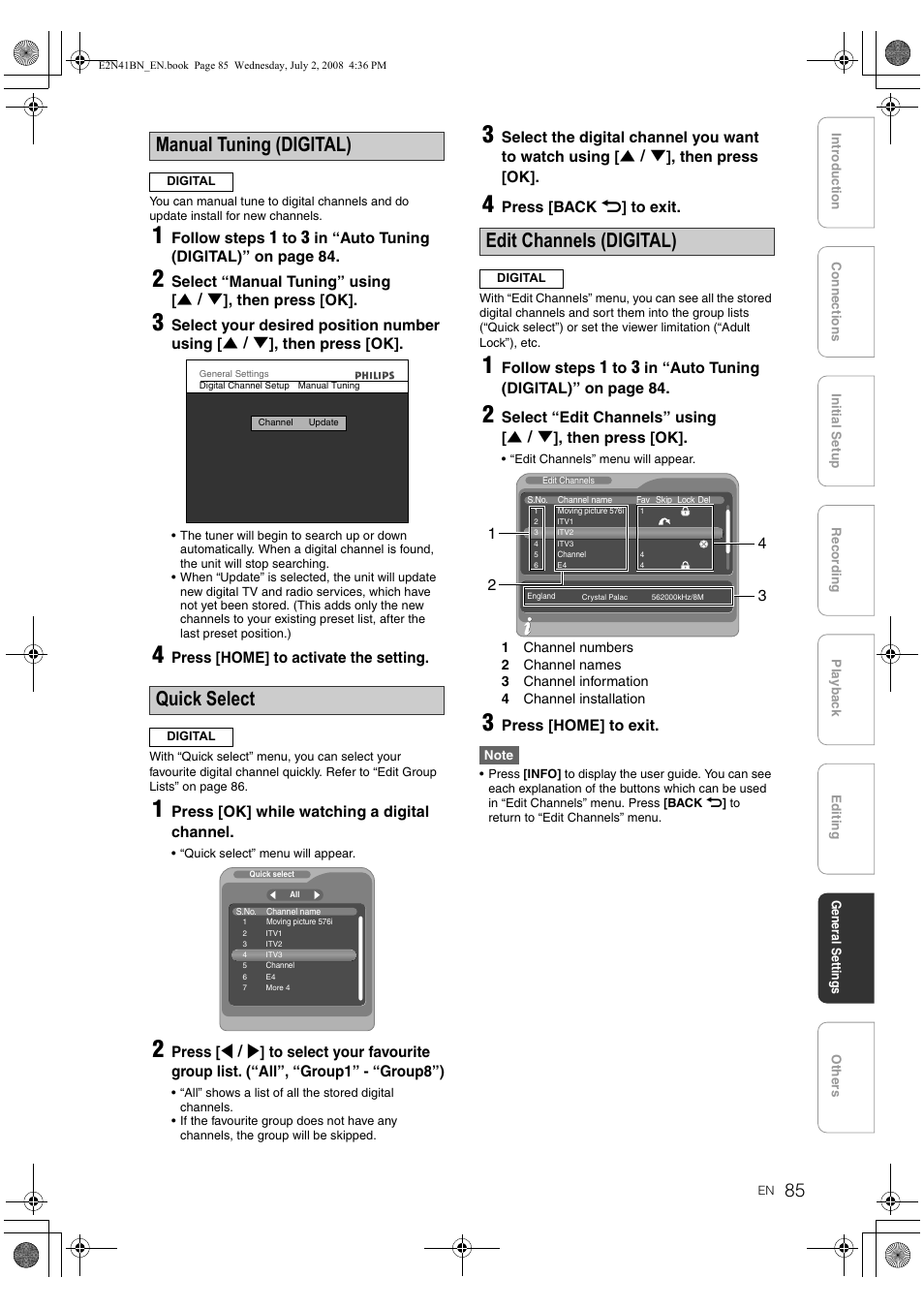 Manual tuning (digital), Quick select, Edit channels (digital) | Philips HDR3700 User Manual | Page 85 / 100
