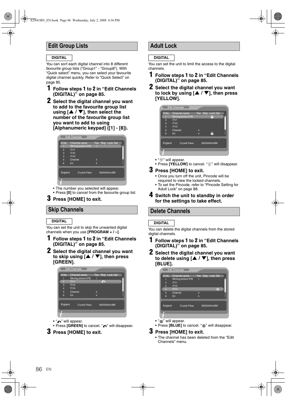 Edit group lists, Skip channels, Adult lock | Delete channels, Follow steps, Press [home] to exit | Philips HDR3700 User Manual | Page 86 / 100