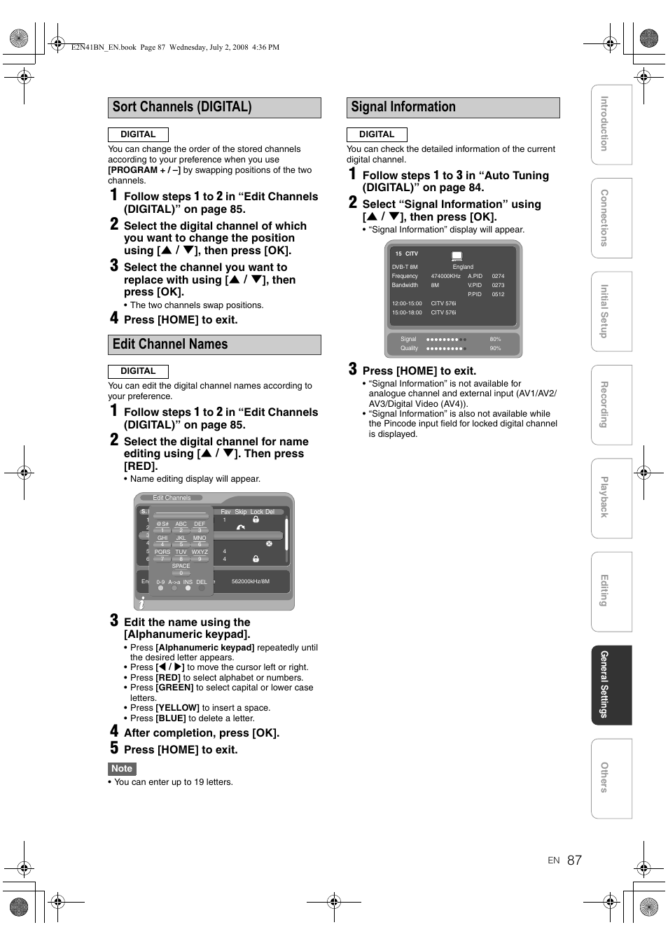 Sort channels (digital), Edit channel names, Signal information | Philips HDR3700 User Manual | Page 87 / 100