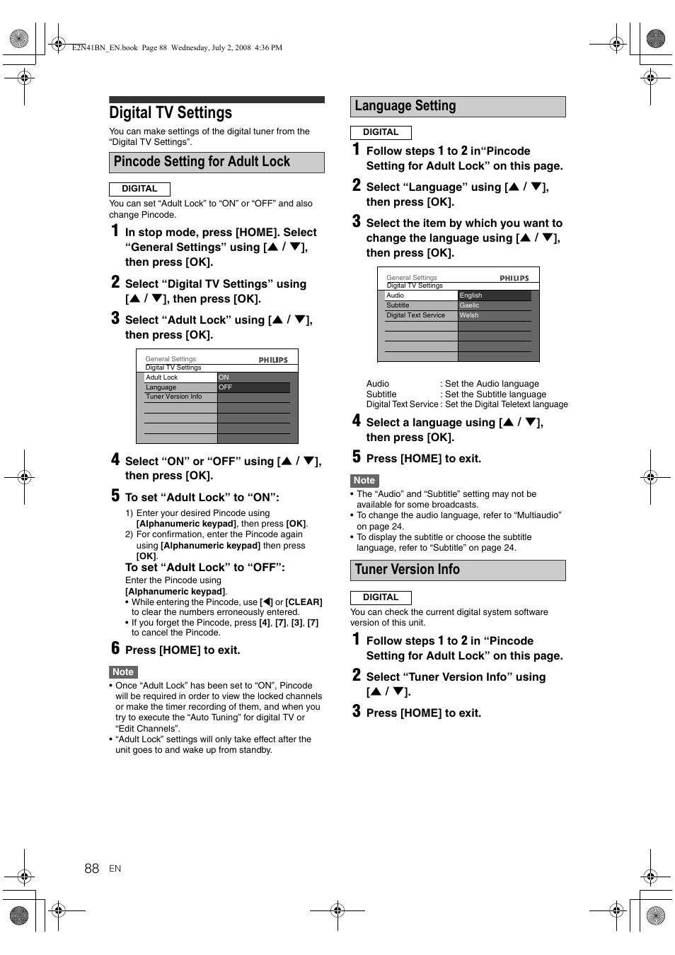 Digital tv settings, R to “pincode setting for, Pincode setting for adult lock | Language setting, Tuner version info | Philips HDR3700 User Manual | Page 88 / 100