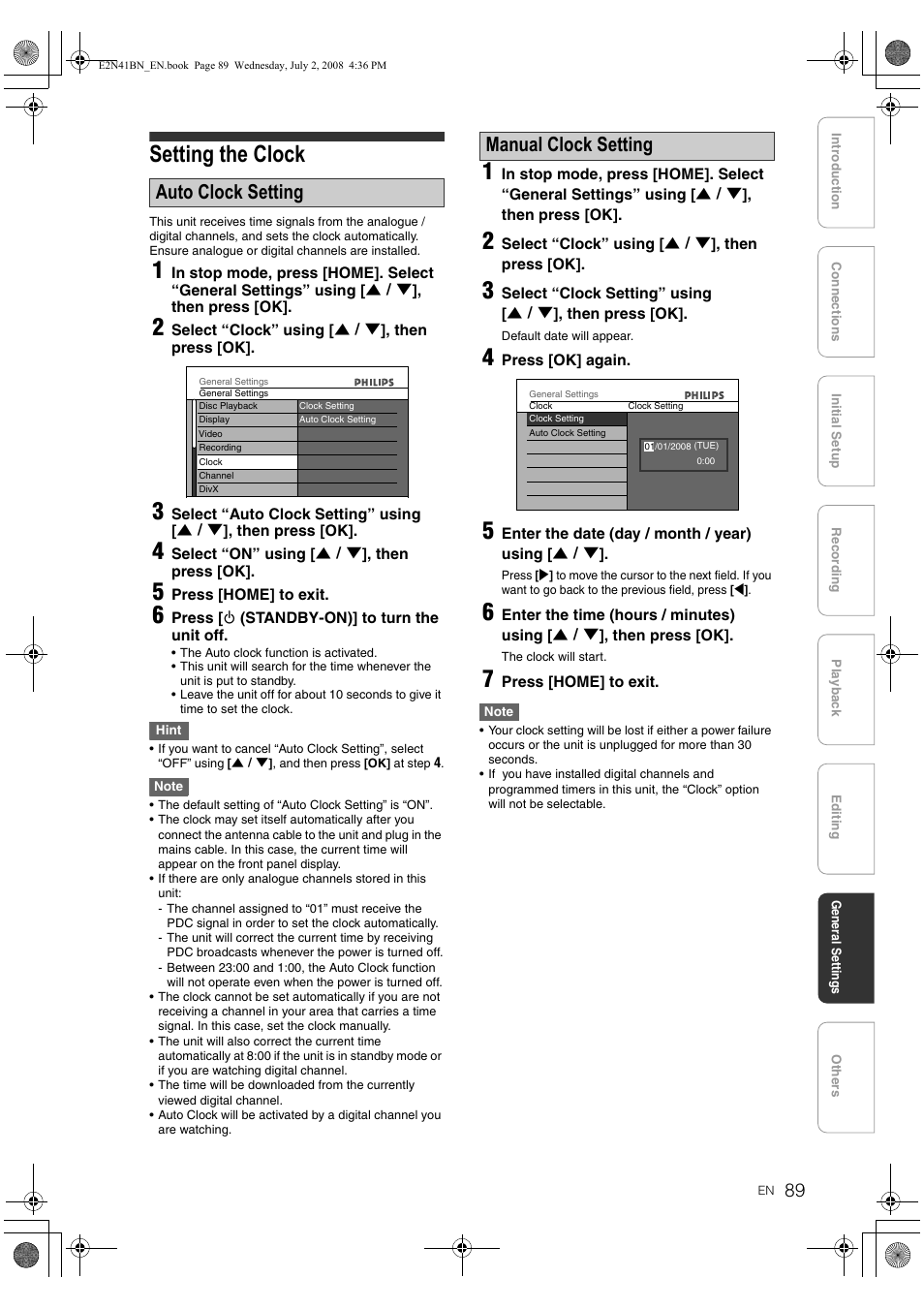 Setting the clock, In “manual, Auto clock setting | Manual clock setting | Philips HDR3700 User Manual | Page 89 / 100