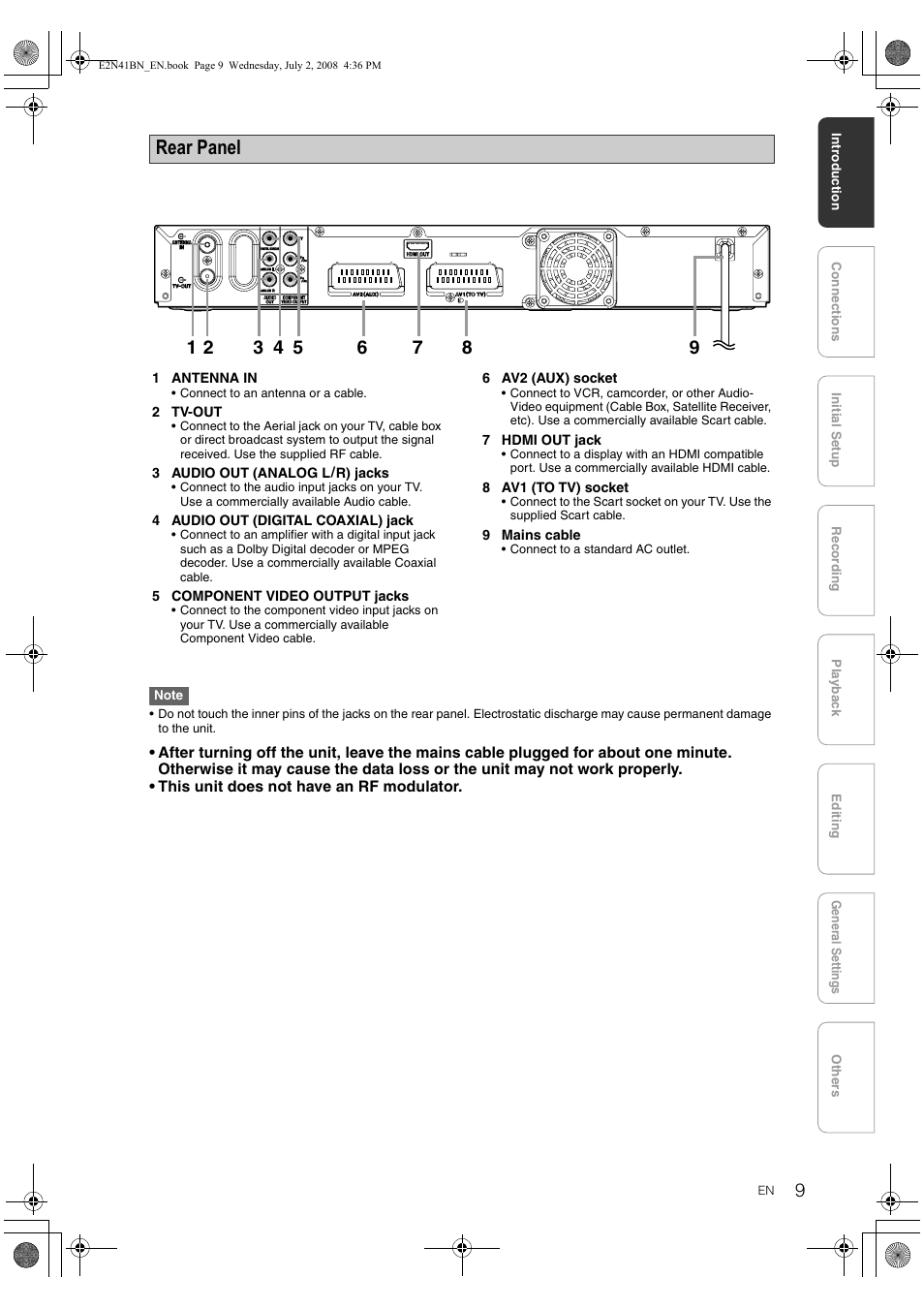 Rear panel | Philips HDR3700 User Manual | Page 9 / 100