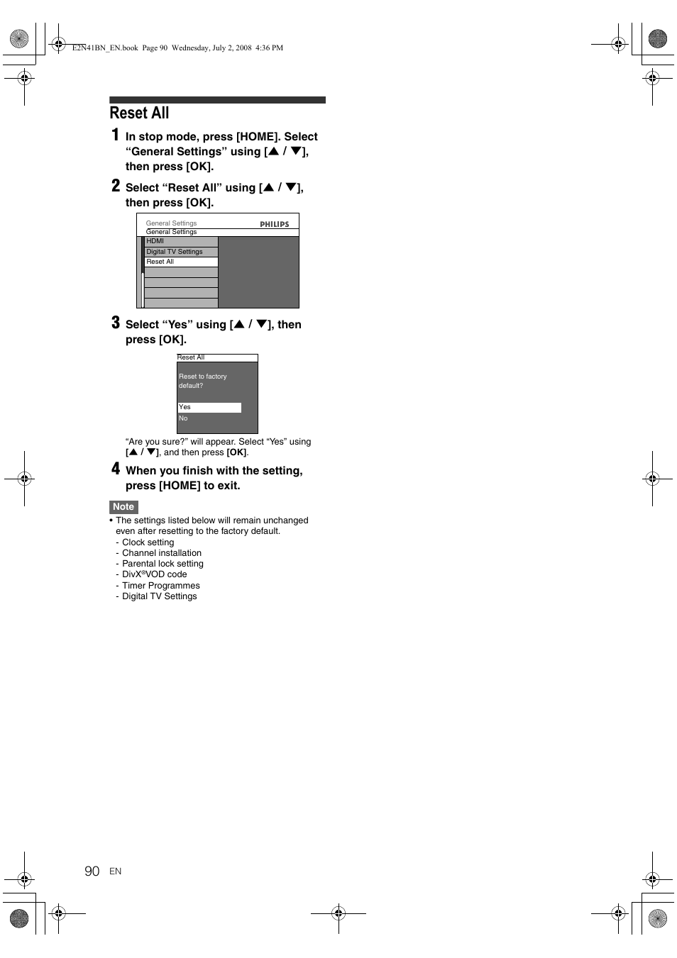 Reset all, Reset all 1 | Philips HDR3700 User Manual | Page 90 / 100
