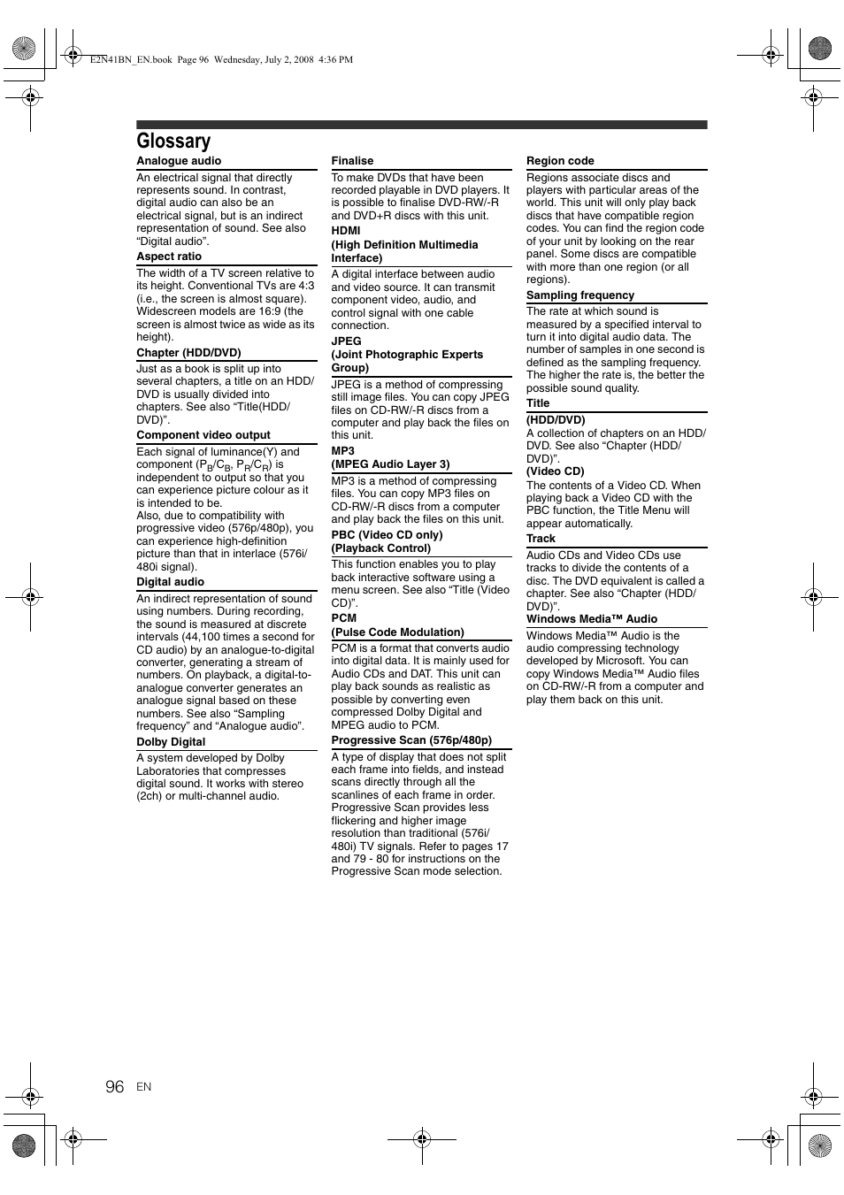 Glossary | Philips HDR3700 User Manual | Page 96 / 100