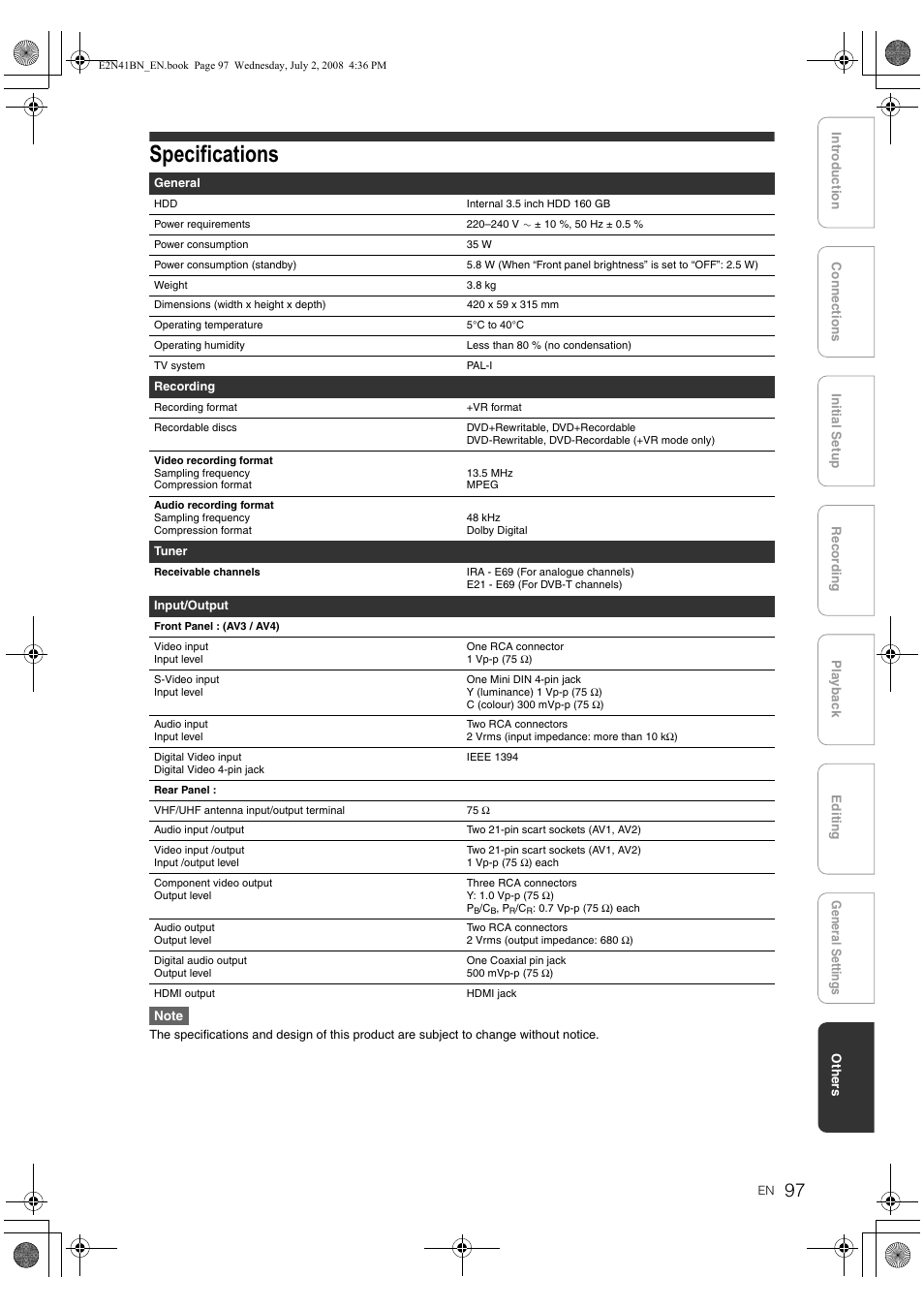 Specifications | Philips HDR3700 User Manual | Page 97 / 100