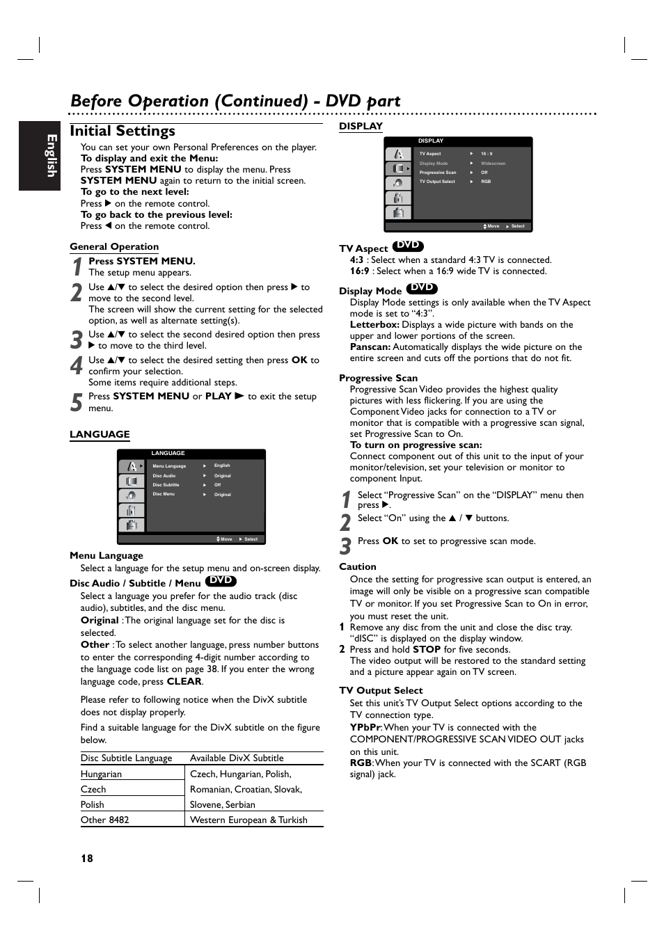 Before operation (continued) - dvd part, Initial settings, English | Philips DVP3100V/19 User Manual | Page 18 / 40