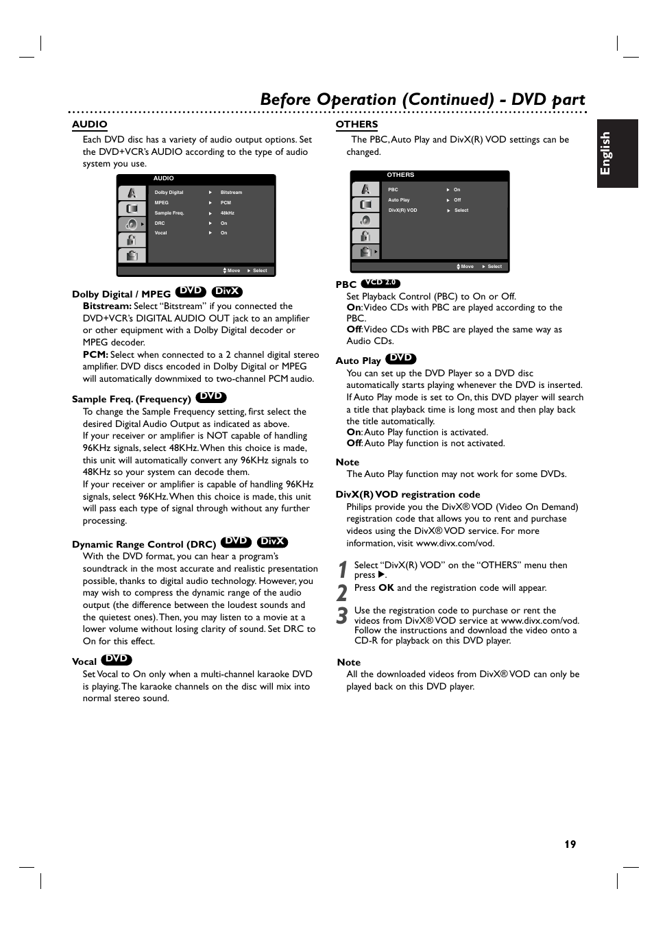 Before operation (continued) - dvd part, English | Philips DVP3100V/19 User Manual | Page 19 / 40