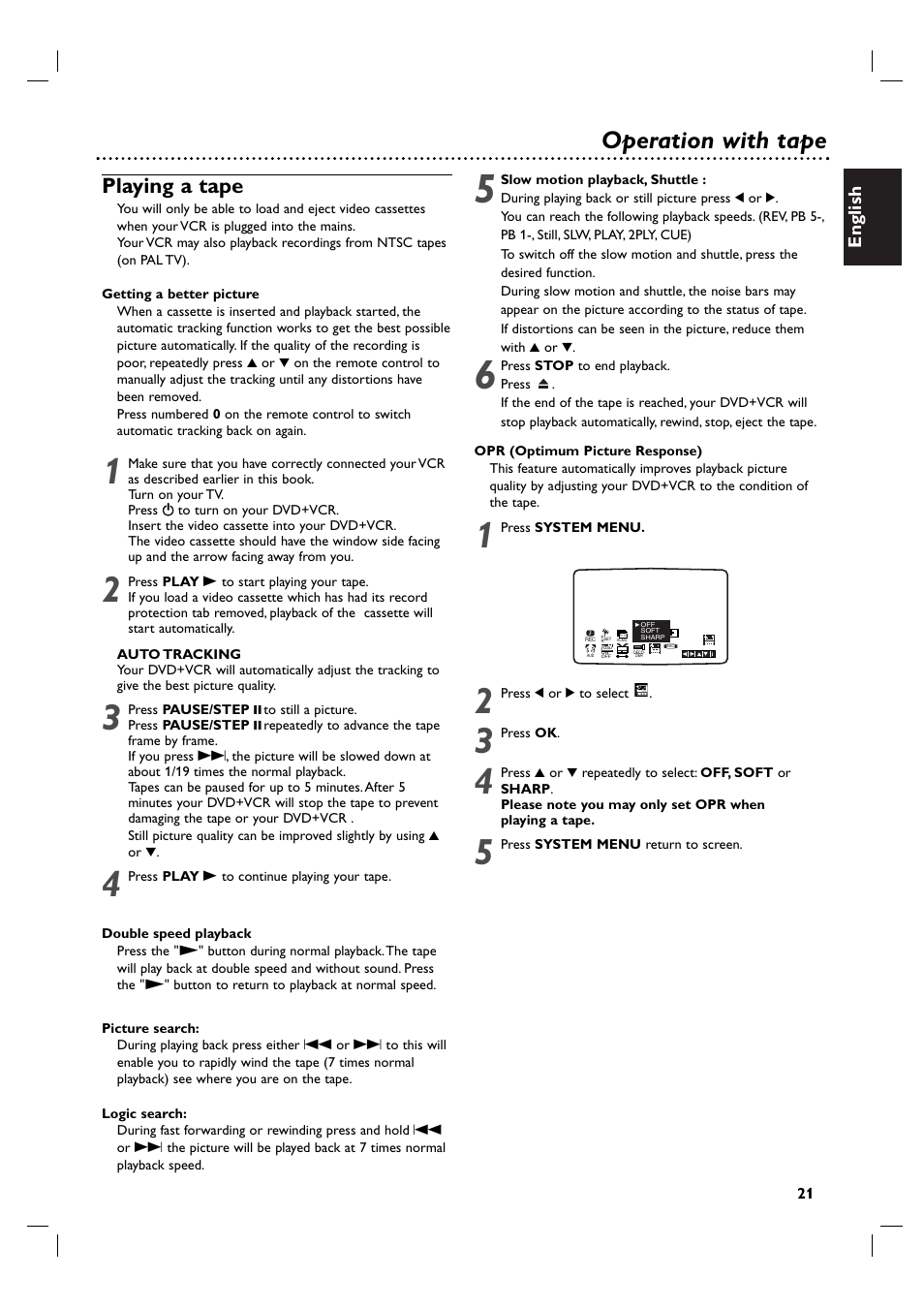 Operation with tape, Playing a tape, English | Philips DVP3100V/19 User Manual | Page 21 / 40