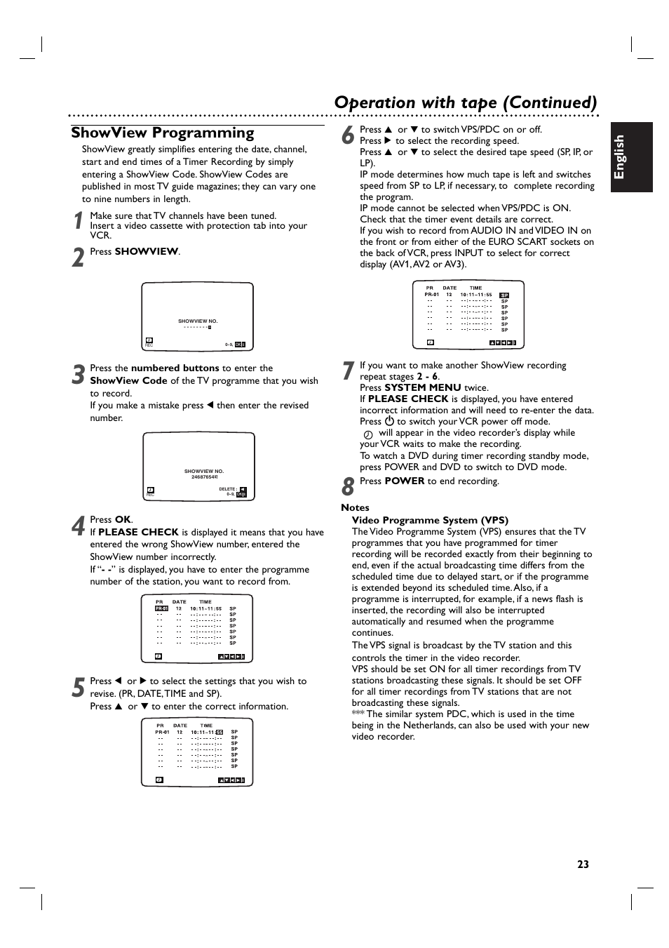 Operation with tape (continued), Showview programming | Philips DVP3100V/19 User Manual | Page 23 / 40
