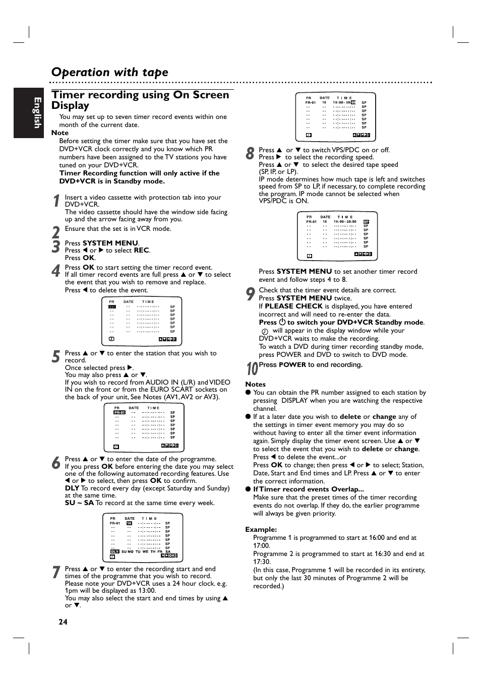 Operation with tape, Timer recording using on screen display, English | Philips DVP3100V/19 User Manual | Page 24 / 40