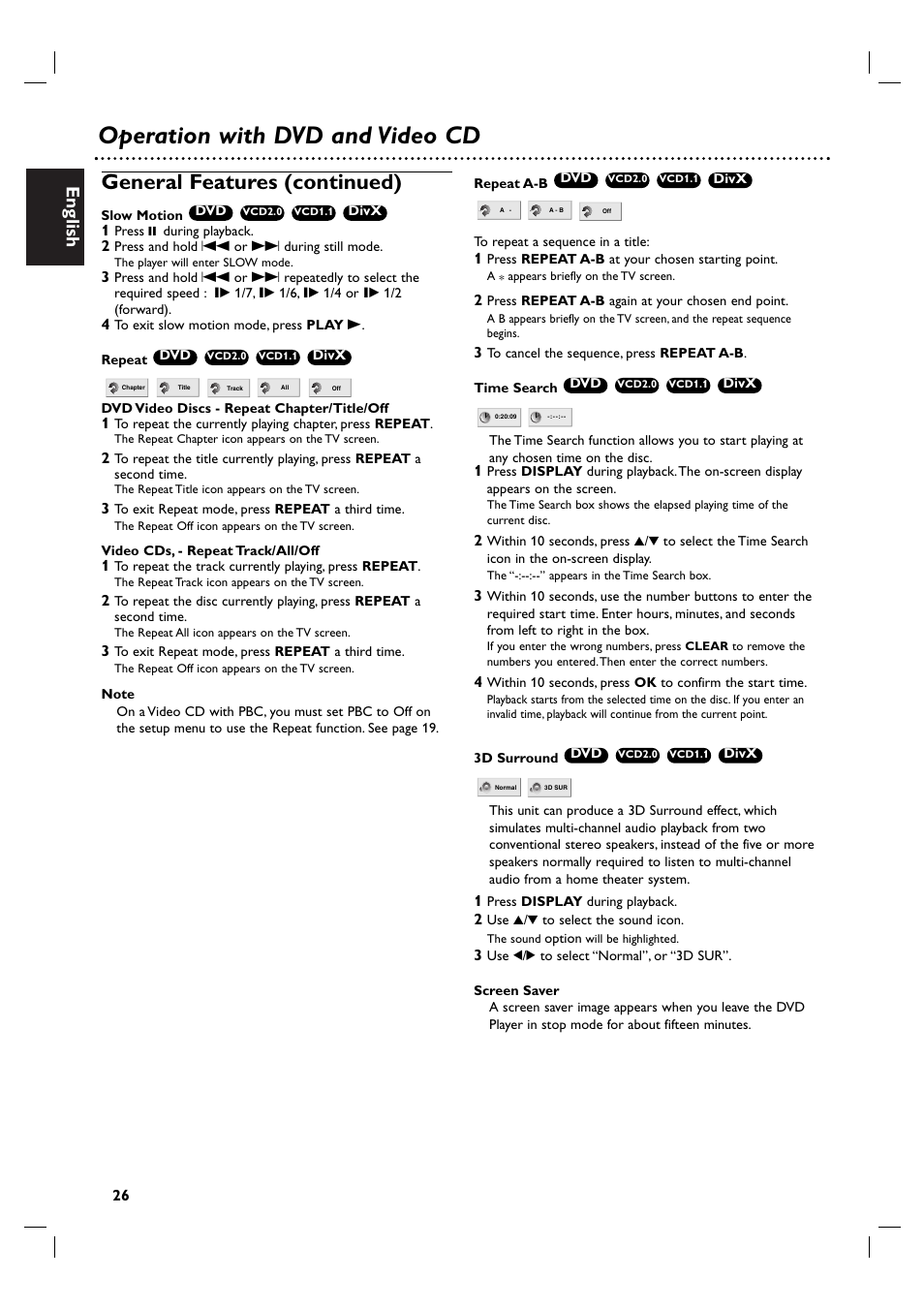 Operation with dvd and video cd, General features (continued), English | Philips DVP3100V/19 User Manual | Page 26 / 40