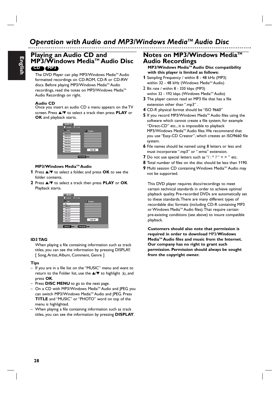 Operation with audio and mp3/windows media, Audio disc, Playing an audio cd and mp3/windows media | Audio recordings, English | Philips DVP3100V/19 User Manual | Page 28 / 40