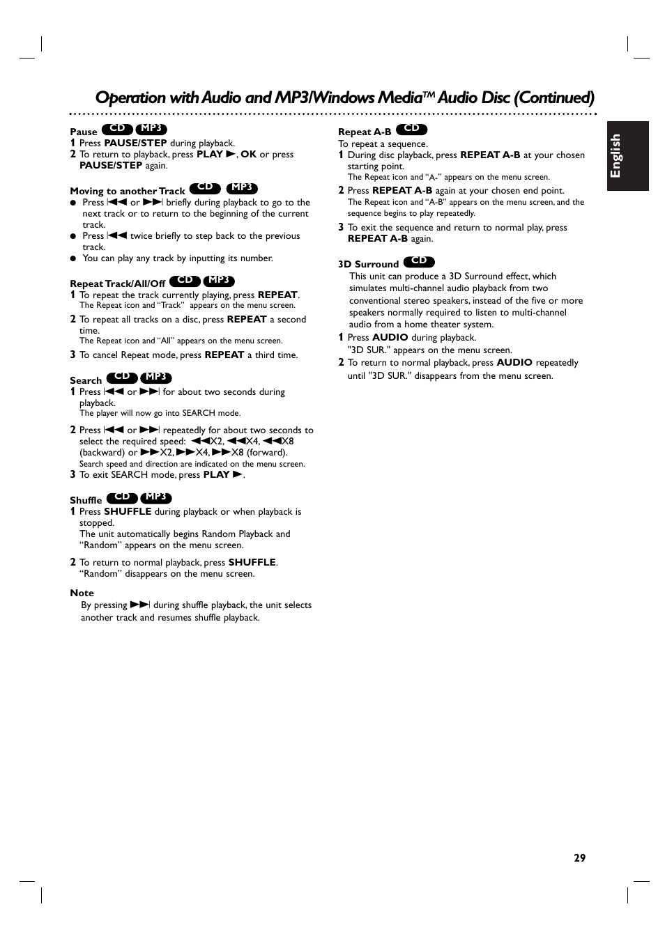 Operation with audio and mp3/windows media, Audio disc (continued), English | Philips DVP3100V/19 User Manual | Page 29 / 40