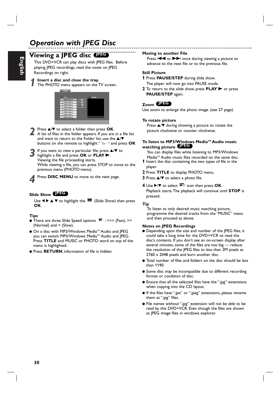 Operation with jpeg disc, Viewing a jpeg disc, English | Philips DVP3100V/19 User Manual | Page 30 / 40