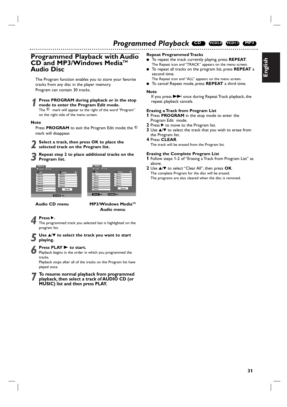 Programmed playback, Audio disc | Philips DVP3100V/19 User Manual | Page 31 / 40