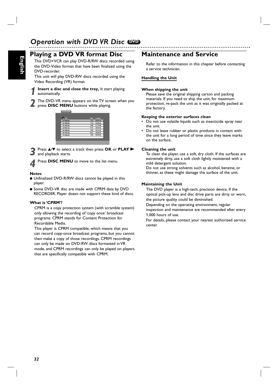 Operation with dvd vr disc, Playing a dvd vr format disc, Maintenance and service | Philips DVP3100V/19 User Manual | Page 32 / 40