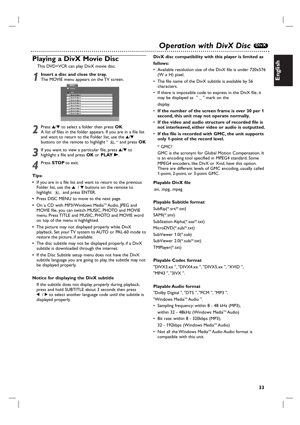 Operation with divx disc, Playing a divx movie disc, English | Philips DVP3100V/19 User Manual | Page 33 / 40