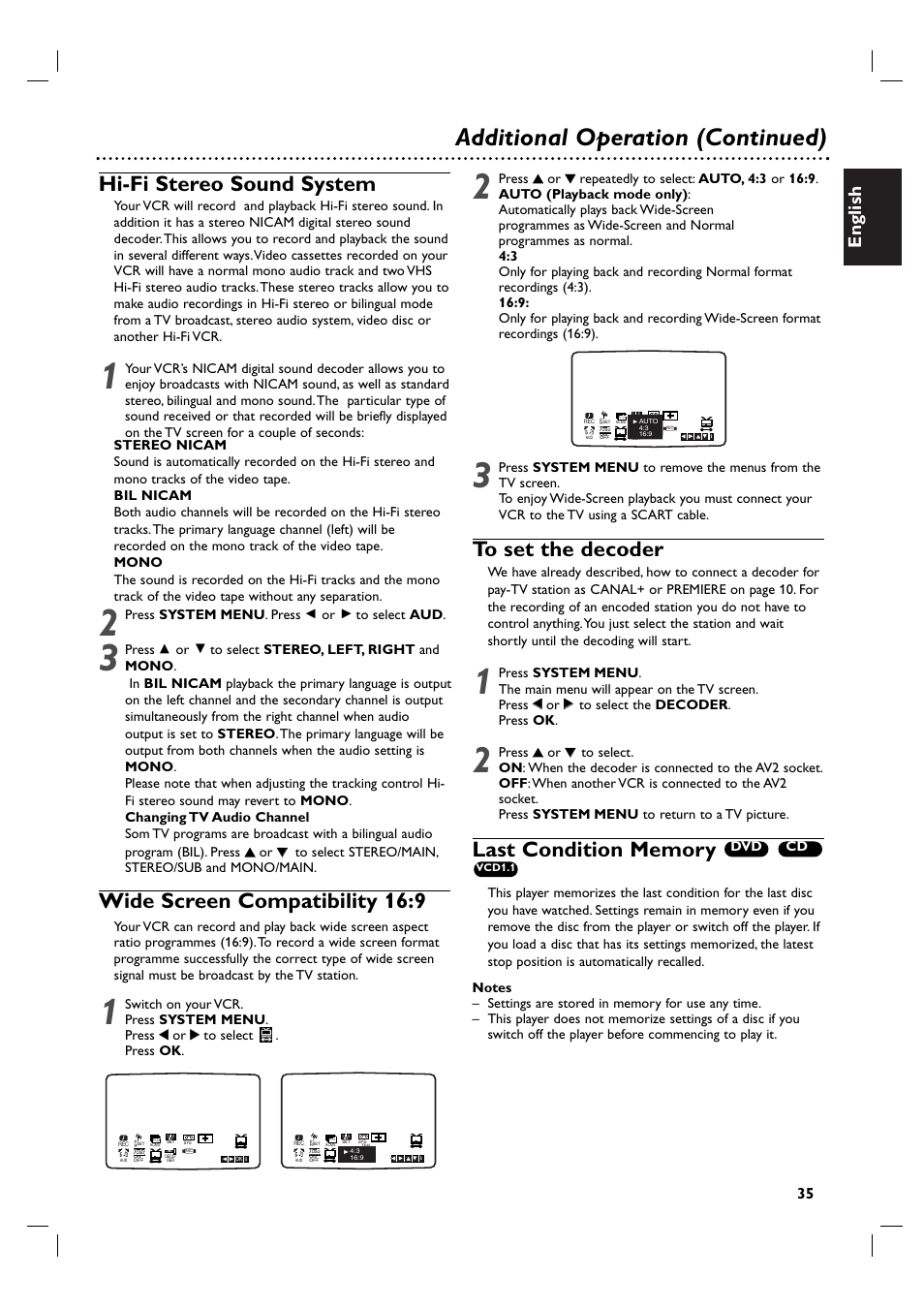 Additional operation (continued), Hi-fi stereo sound system, Wide screen compatibility 16:9 | English | Philips DVP3100V/19 User Manual | Page 35 / 40