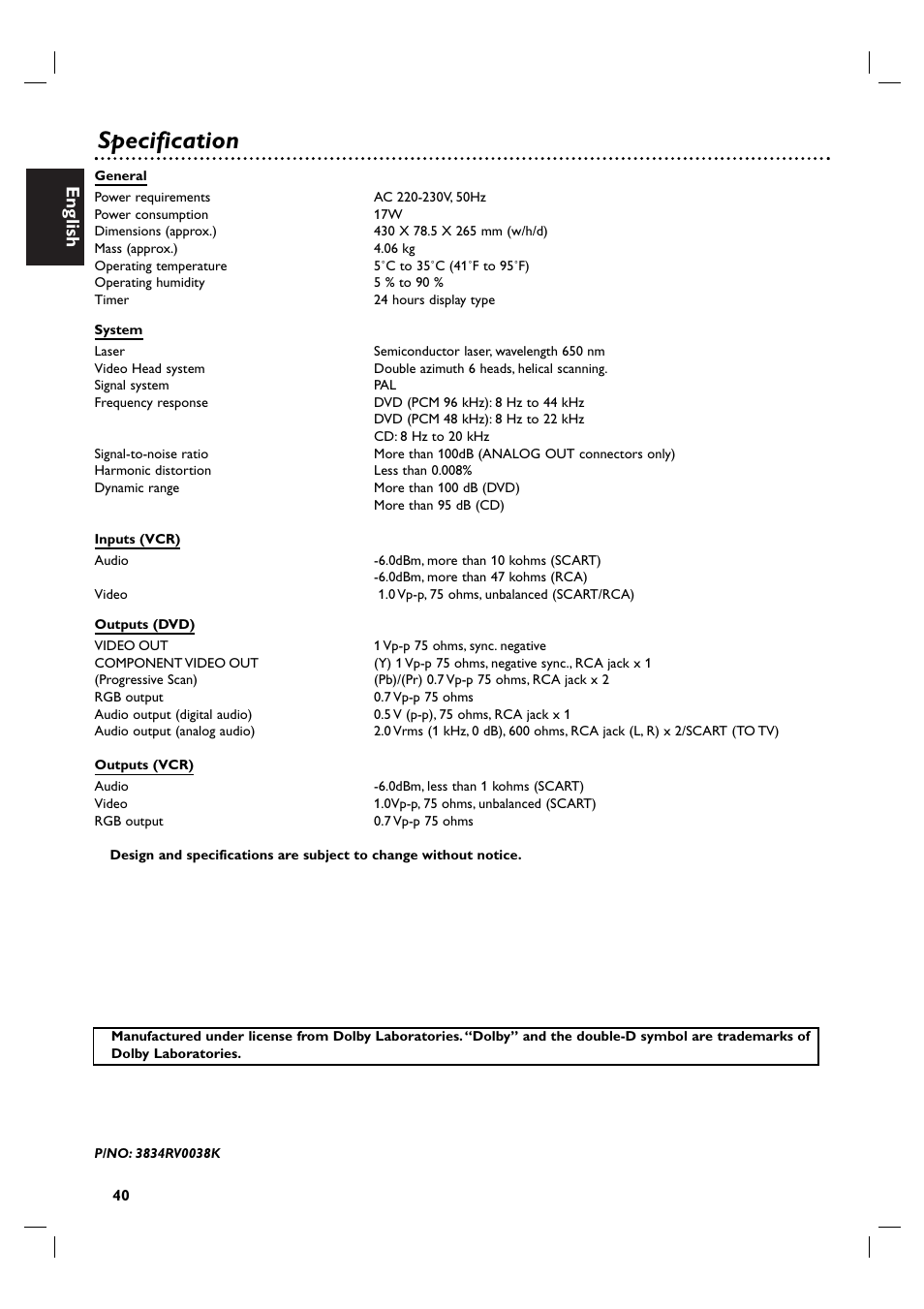 Specification, English | Philips DVP3100V/19 User Manual | Page 40 / 40