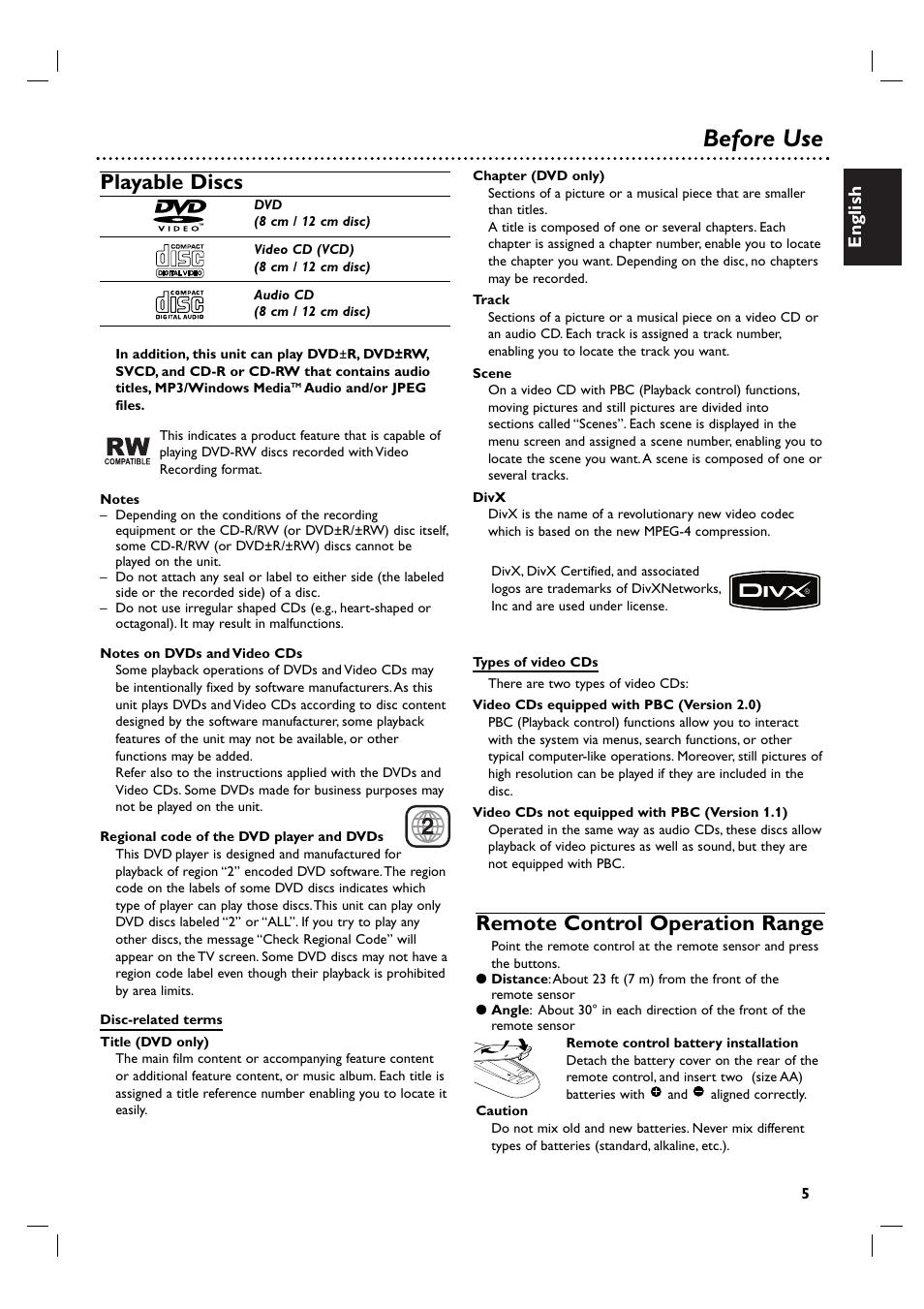 Before use, Playable discs, Remote control operation range | English | Philips DVP3100V/19 User Manual | Page 5 / 40