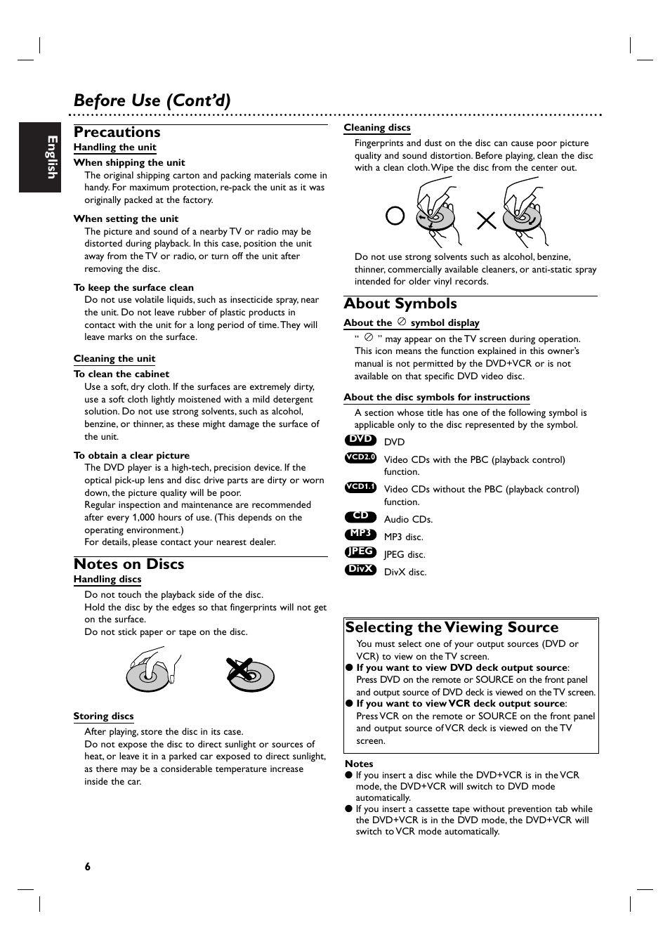 Before use (cont’d), Precautions, About symbols | Selecting the viewing source, English | Philips DVP3100V/19 User Manual | Page 6 / 40