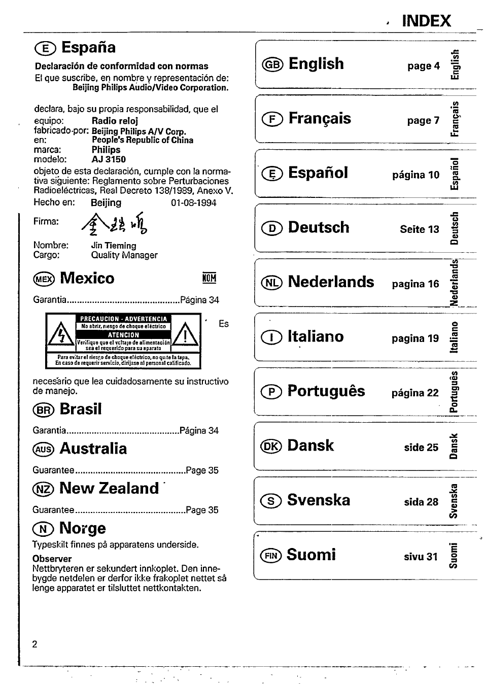 D) españa, Mexico, Brasil | Australia, New zealand, Norge, English, T) français, Cd español, Cd deutsch | Philips AJ 3150/00W User Manual | Page 2 / 10