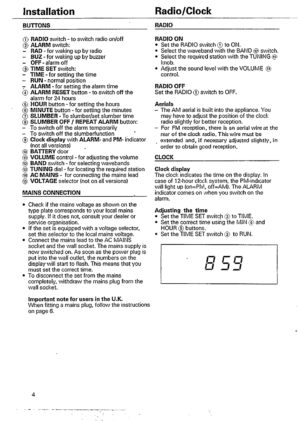 Important note for users in the u.k, Radio on, Radio off | Aerials, Clock display, Adjusting the time, Installation radio/clock | Philips AJ 3150/00W User Manual | Page 4 / 10