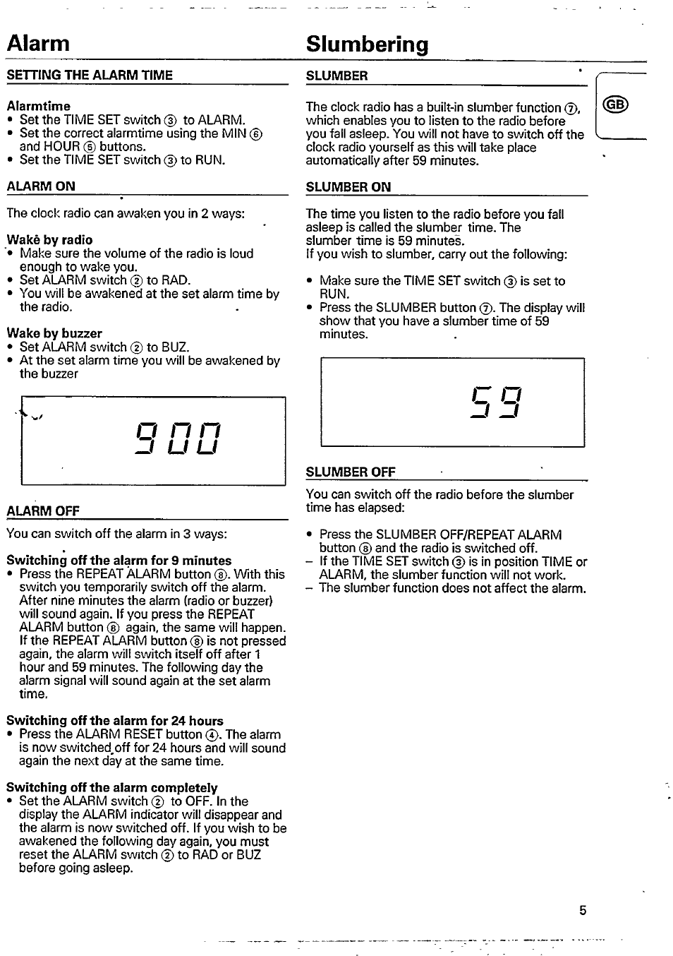 Setting the alarm time, Alarmtime, Wake by radio | Alarm off, Slumber on, Switching off the alarm for 9 minutes, Switching off the alarm for 24 hours, Switching off the alarm completely, Alarm slumbering | Philips AJ 3150/00W User Manual | Page 5 / 10