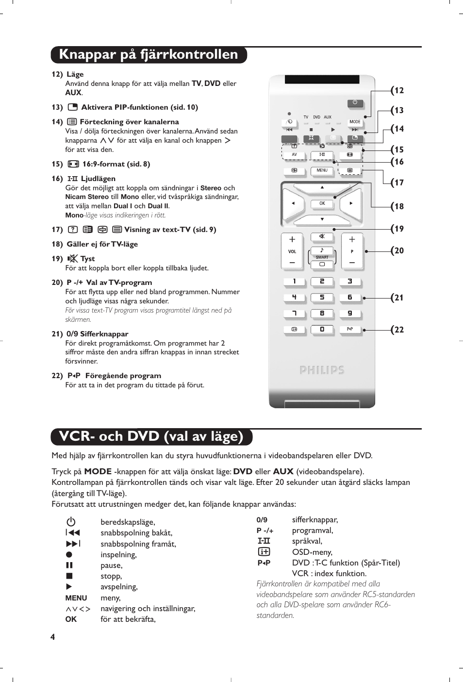 Knappar på fjärrkontrollen, Vcr- och dvd (val av läge) | Philips 15PF5120/58 User Manual | Page 108 / 262