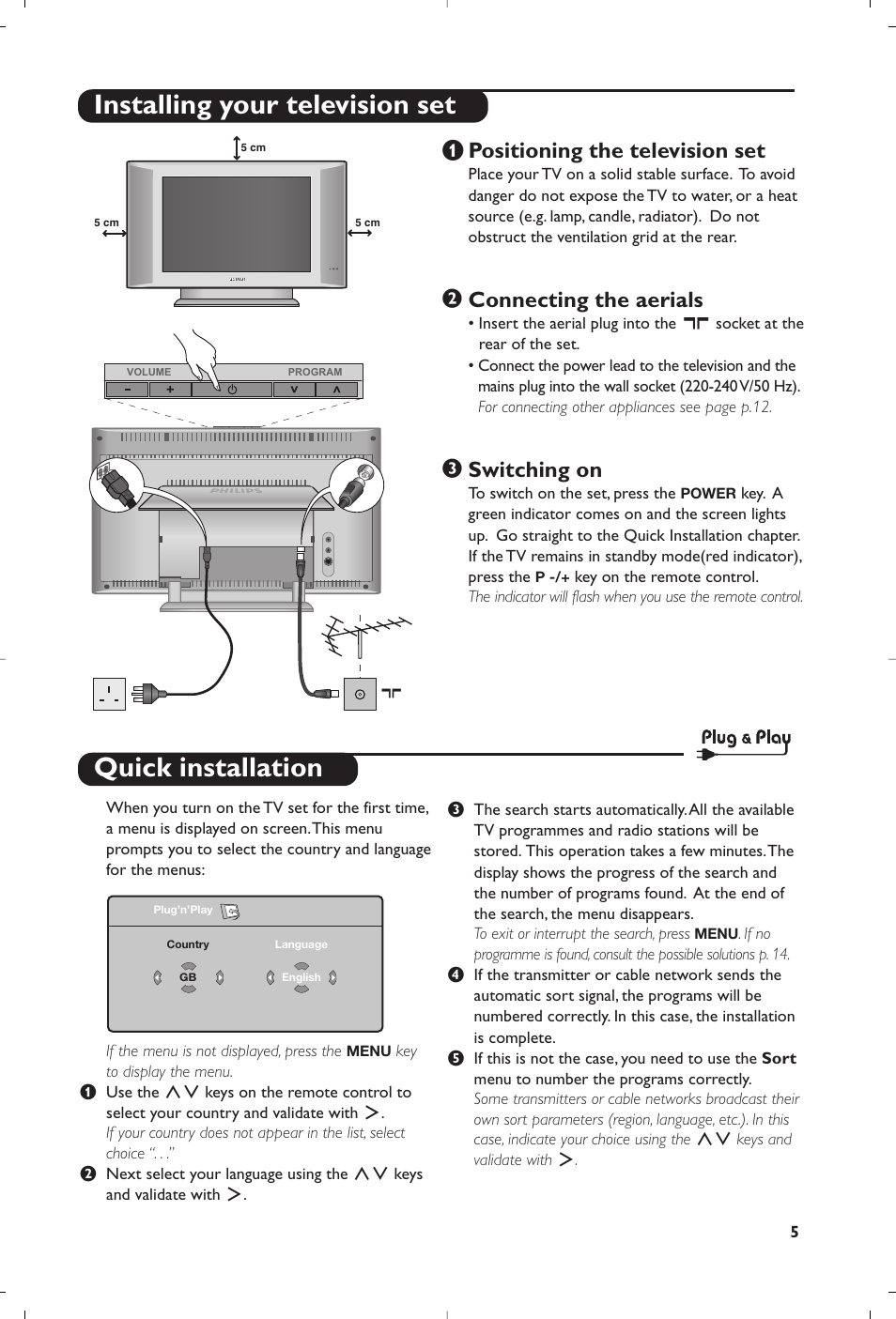 Quick installation, Installing your television set, Positioning the television set | Connecting the aerials, Switching on | Philips 15PF5120/58 User Manual | Page 11 / 262