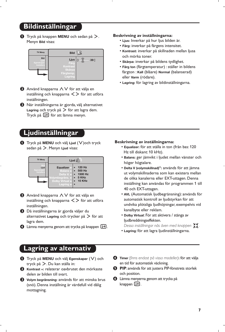 Bildinställningar ljudinställningar, Lagring av alternativ | Philips 15PF5120/58 User Manual | Page 111 / 262