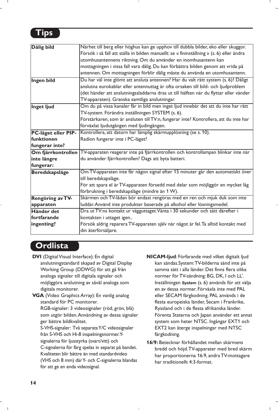 Ordlista, Tips | Philips 15PF5120/58 User Manual | Page 118 / 262