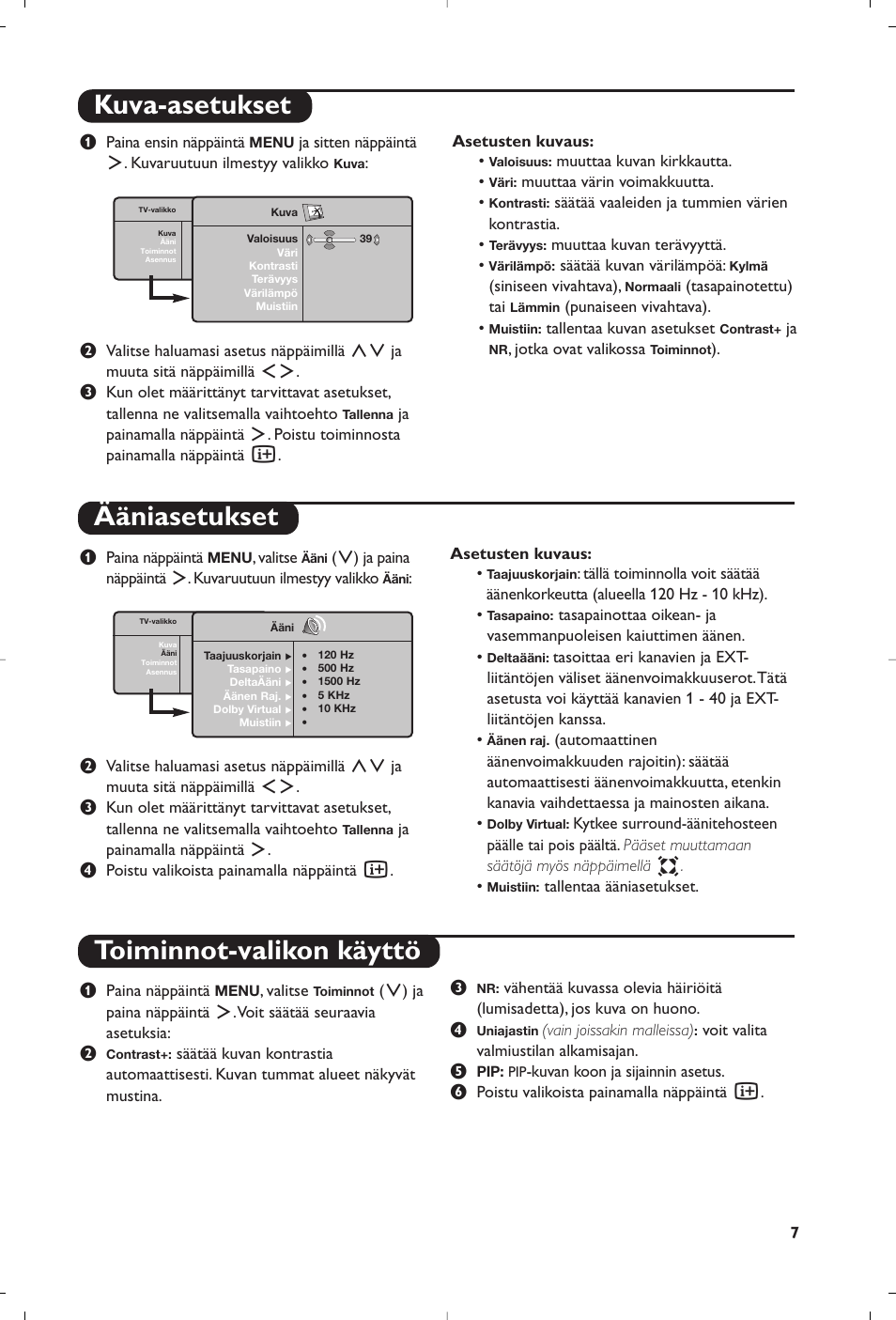 Kuva-asetukset ääniasetukset, Toiminnot-valikon käyttö | Philips 15PF5120/58 User Manual | Page 125 / 262