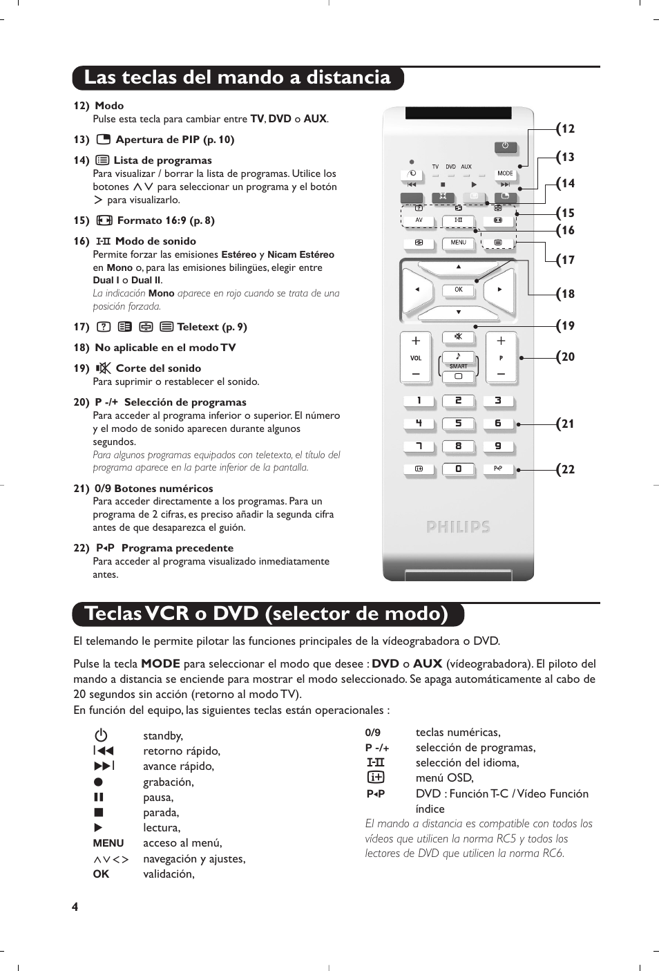 Las teclas del mando a distancia, Teclas vcr o dvd (selector de modo) | Philips 15PF5120/58 User Manual | Page 152 / 262