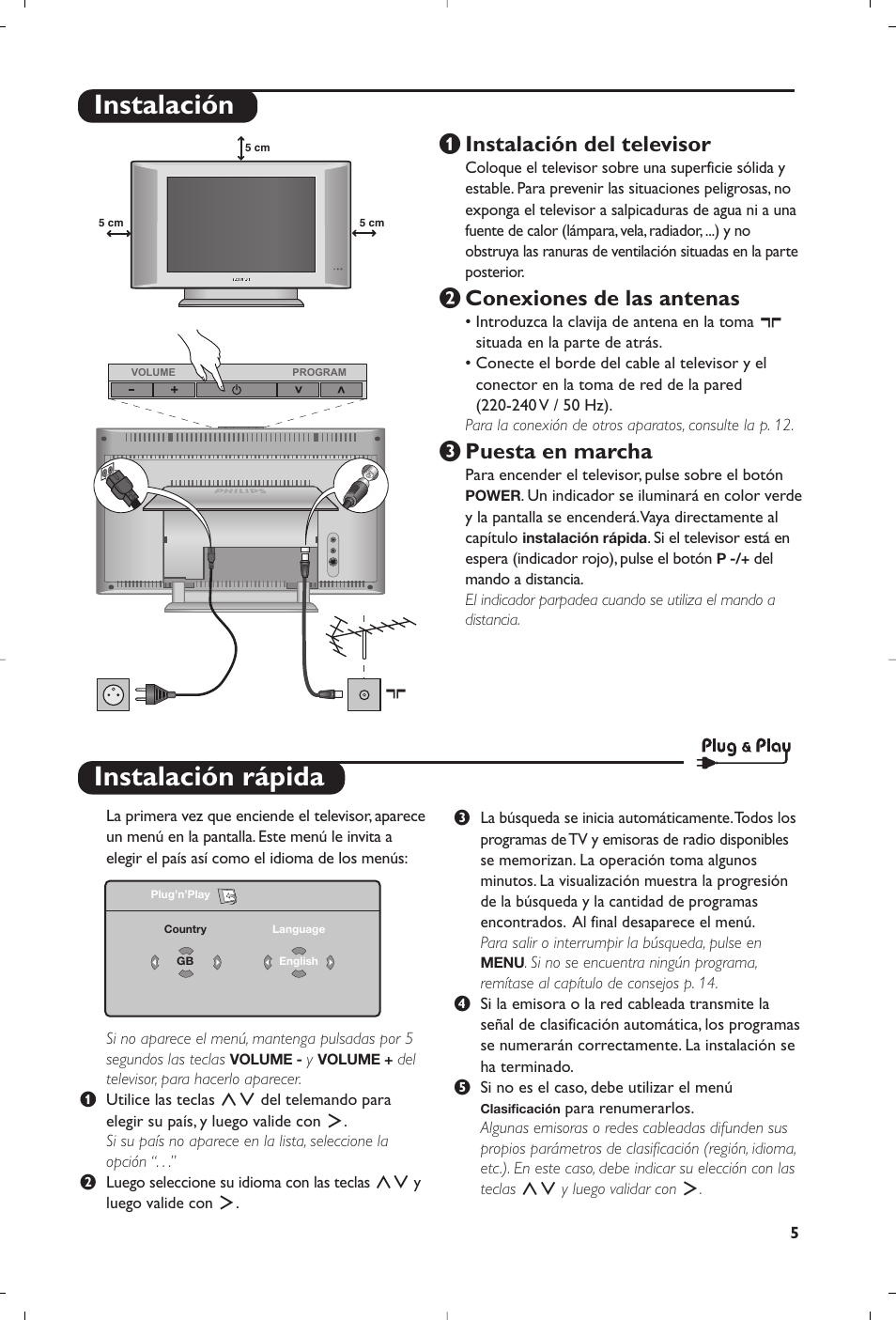 Instalación rápida, Instalación, Instalación del televisor | É conexiones de las antenas, Puesta en marcha | Philips 15PF5120/58 User Manual | Page 153 / 262