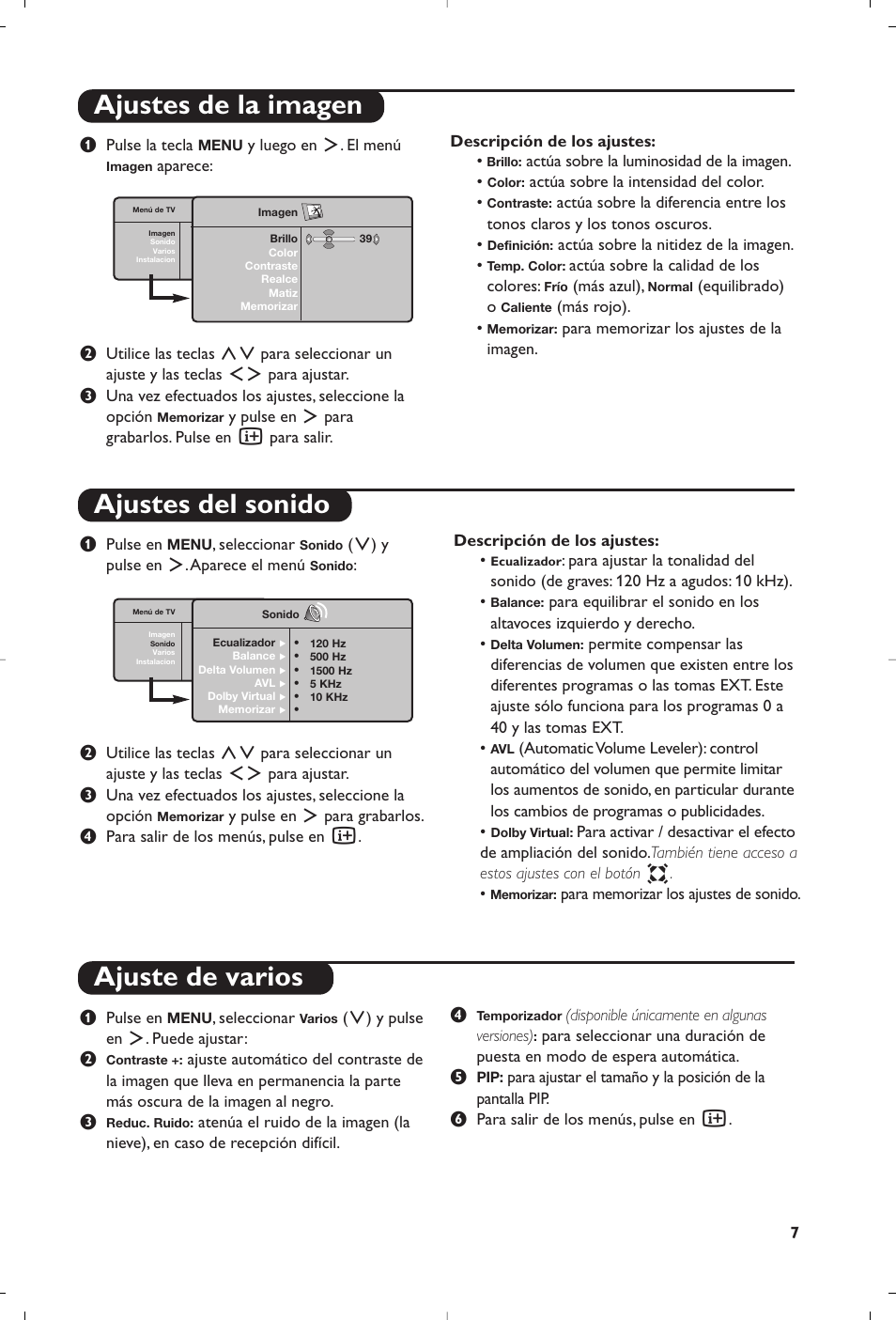 Ajustes de la imagen ajustes del sonido, Ajuste de varios | Philips 15PF5120/58 User Manual | Page 155 / 262