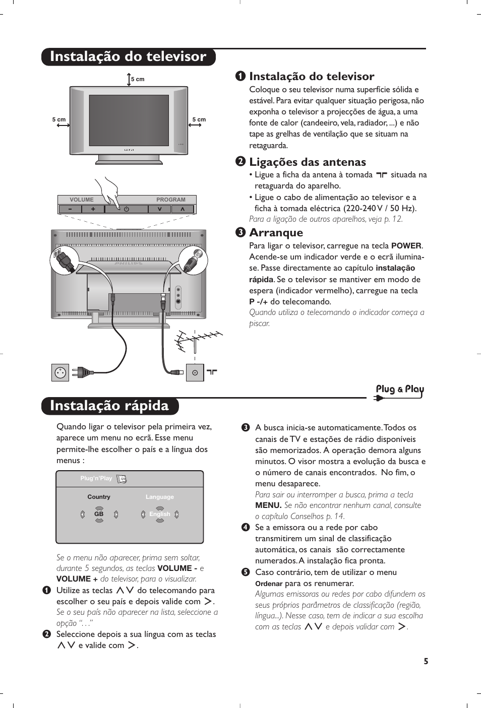 Instalação rápida, Instalação do televisor, Ligações das antenas | Arranque | Philips 15PF5120/58 User Manual | Page 167 / 262