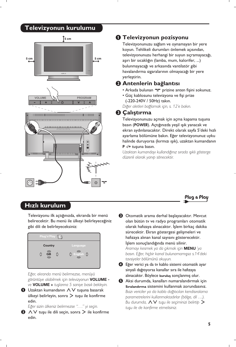 H›zl› kurulum, Televizyonun kurulumu, Televizyonun pozisyonu | Antenlerin ba¤lant›s, Çal›ﬂt›rma | Philips 15PF5120/58 User Manual | Page 195 / 262